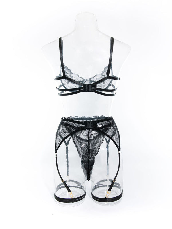 Lace and Mesh Garter Lingerie Set with Steel Ring Detail – Black