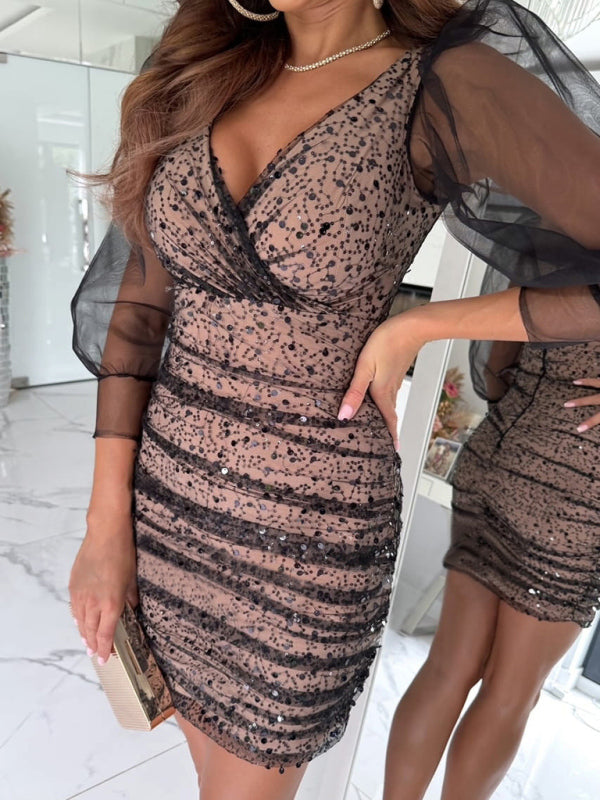 Sequin Long Sleeve Deep V Party Dress