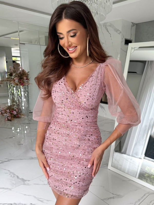 Sequin Long Sleeve Deep V Party Dress