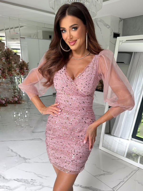 Sequin Long Sleeve Deep V Party Dress