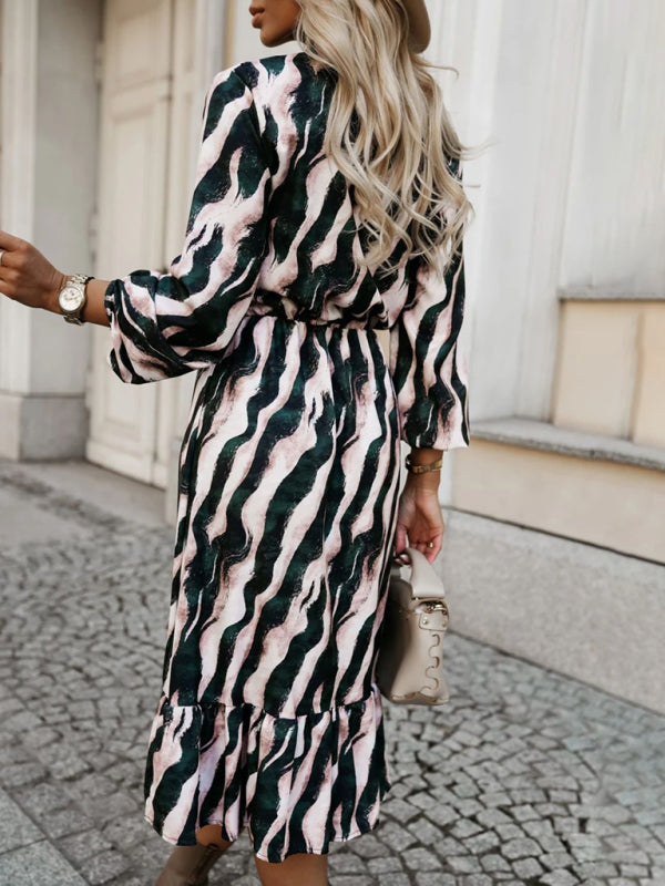 Zebra Print Midi Dress with Bow Tie Waist – Long Sleeve, Khaki & Green