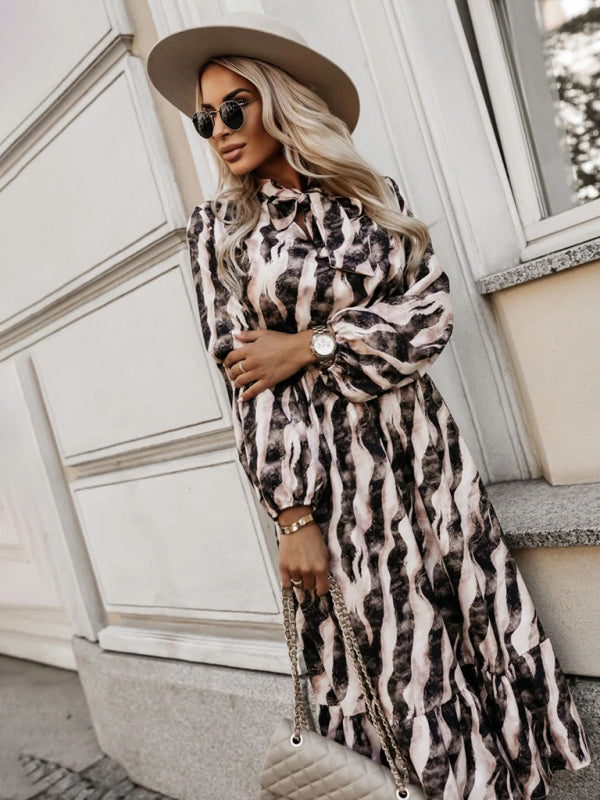 Zebra Print Midi Dress with Bow Tie Waist – Long Sleeve, Khaki & Green