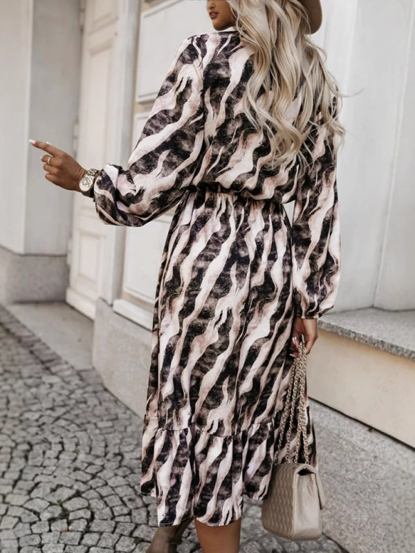 Zebra Print Midi Dress with Bow Tie Waist – Long Sleeve, Khaki & Green
