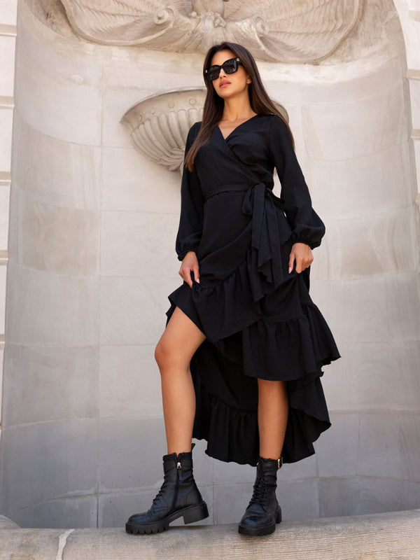 V-Neck Long-Sleeve Midi Dress – Printed Irregular Hem, Lightweight & Chic