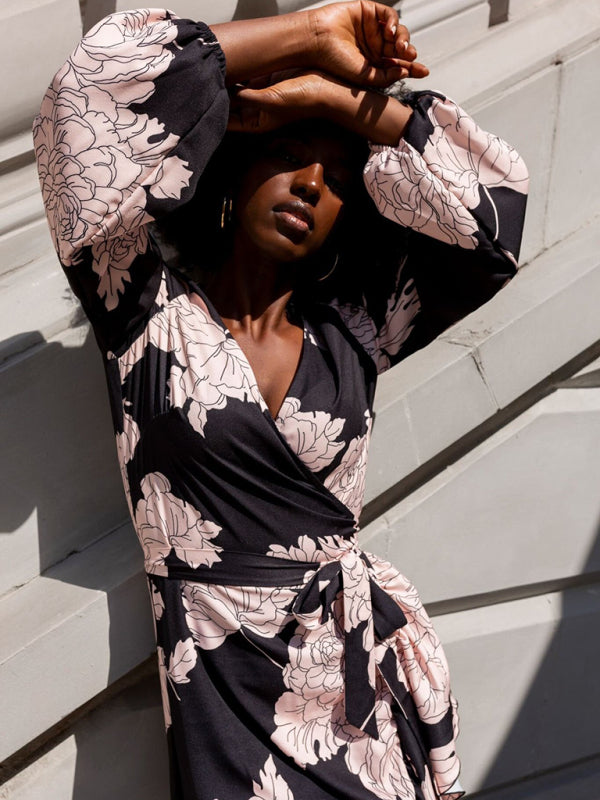V-Neck Long-Sleeve Midi Dress – Printed Irregular Hem, Lightweight & Chic
