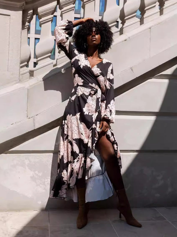 V-Neck Long-Sleeve Midi Dress – Printed Irregular Hem, Lightweight & Chic