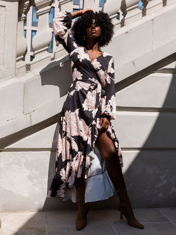V-Neck Long-Sleeve Midi Dress – Printed Irregular Hem, Lightweight & Chic