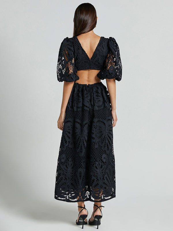 Lace Embroidered Waist-Baring Dress – Deep V-Neck, Long Sleeve, Sexy Fit