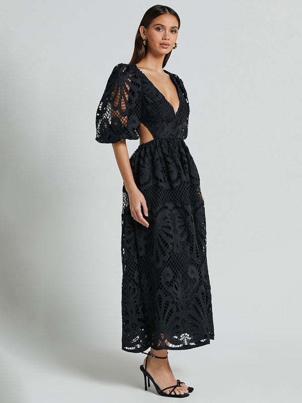 Lace Embroidered Waist-Baring Dress – Deep V-Neck, Long Sleeve, Sexy Fit