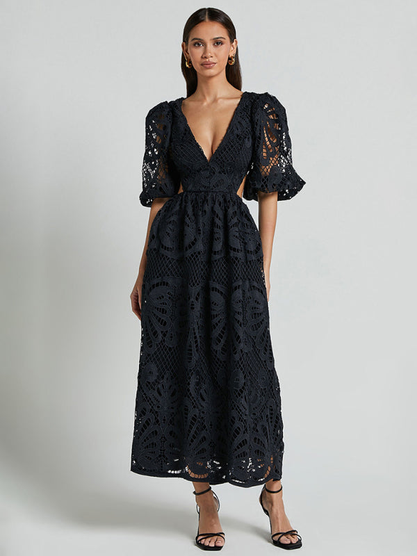 Lace Embroidered Waist-Baring Dress – Deep V-Neck, Long Sleeve, Sexy Fit