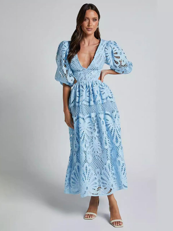 Lace Embroidered Waist-Baring Dress – Deep V-Neck, Long Sleeve, Sexy Fit