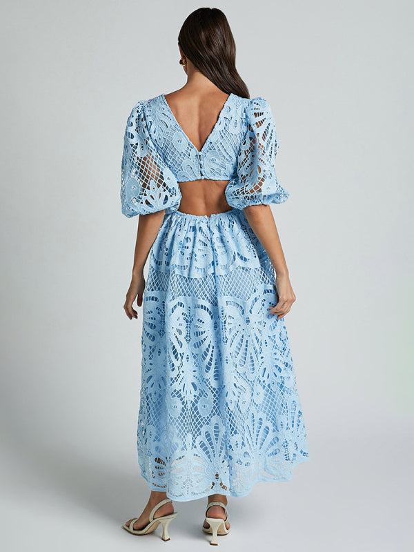 Lace Embroidered Waist-Baring Dress – Deep V-Neck, Long Sleeve, Sexy Fit