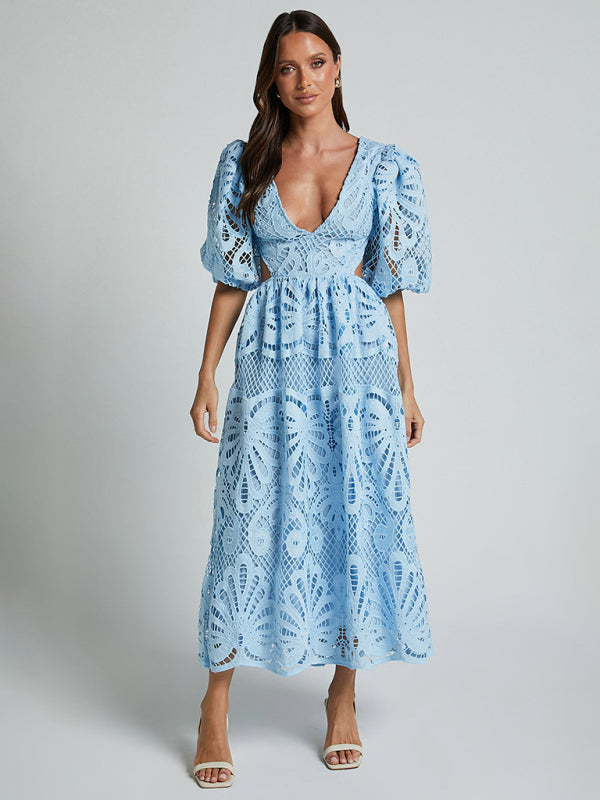 Lace Embroidered Waist-Baring Dress – Deep V-Neck, Long Sleeve, Sexy Fit