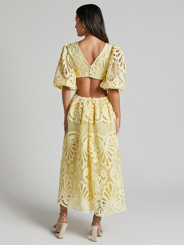 Lace Embroidered Waist-Baring Dress – Deep V-Neck, Long Sleeve, Sexy Fit