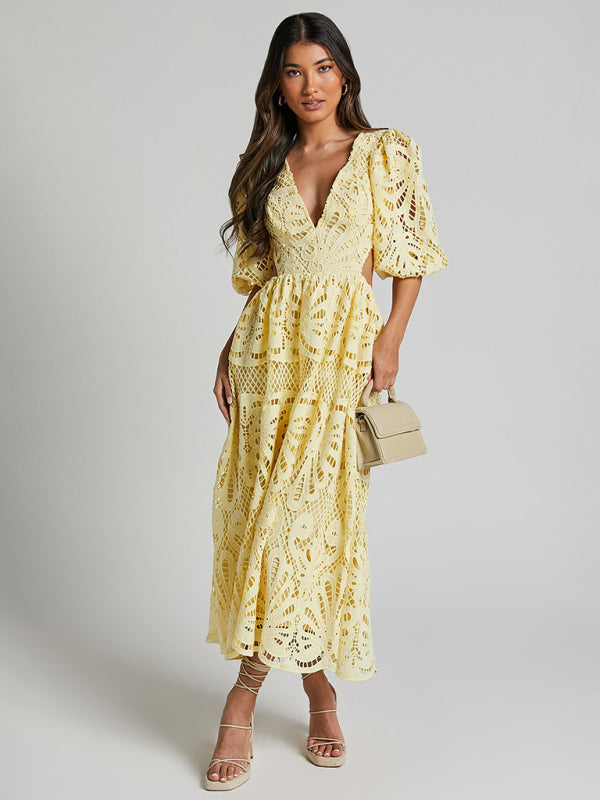 Lace Embroidered Waist-Baring Dress – Deep V-Neck, Long Sleeve, Sexy Fit