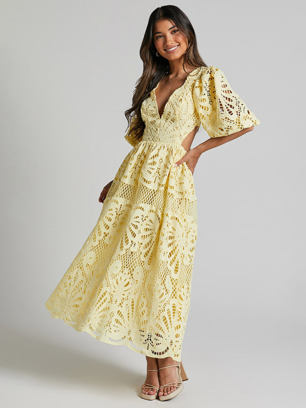Lace Embroidered Waist-Baring Dress – Deep V-Neck, Long Sleeve, Sexy Fit