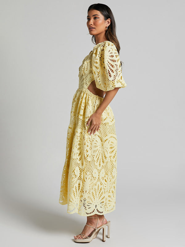 Lace Embroidered Waist-Baring Dress – Deep V-Neck, Long Sleeve, Sexy Fit