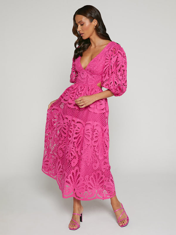 Lace Embroidered Waist-Baring Dress – Deep V-Neck, Long Sleeve, Sexy Fit