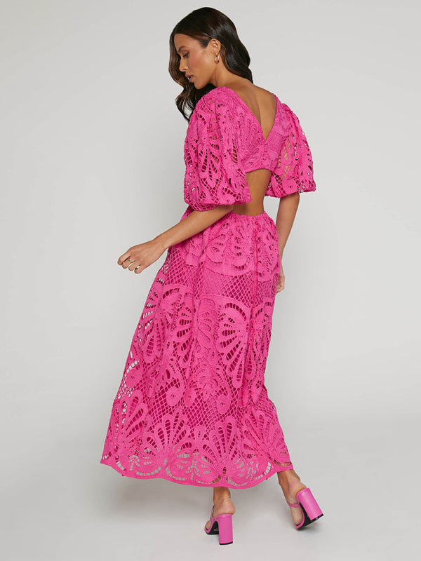 Lace Embroidered Waist-Baring Dress – Deep V-Neck, Long Sleeve, Sexy Fit