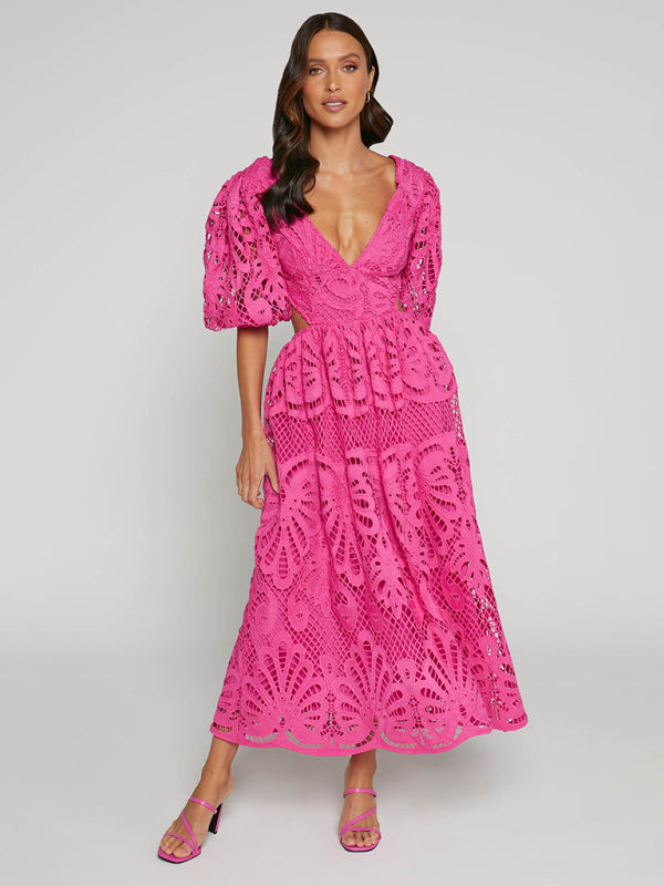Lace Embroidered Waist-Baring Dress – Deep V-Neck, Long Sleeve, Sexy Fit