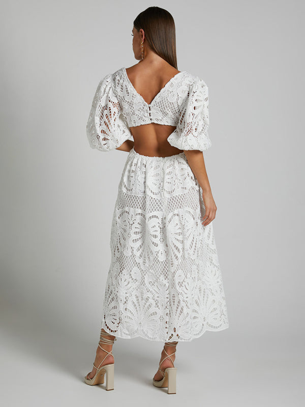 Lace Embroidered Waist-Baring Dress – Deep V-Neck, Long Sleeve, Sexy Fit