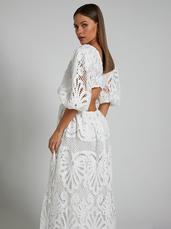 Lace Embroidered Waist-Baring Dress – Deep V-Neck, Long Sleeve, Sexy Fit
