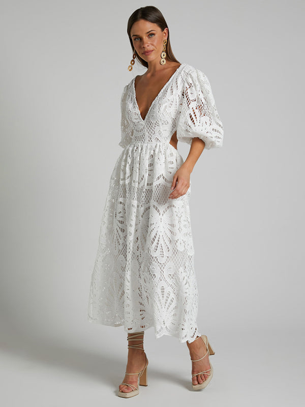 Lace Embroidered Waist-Baring Dress – Deep V-Neck, Long Sleeve, Sexy Fit