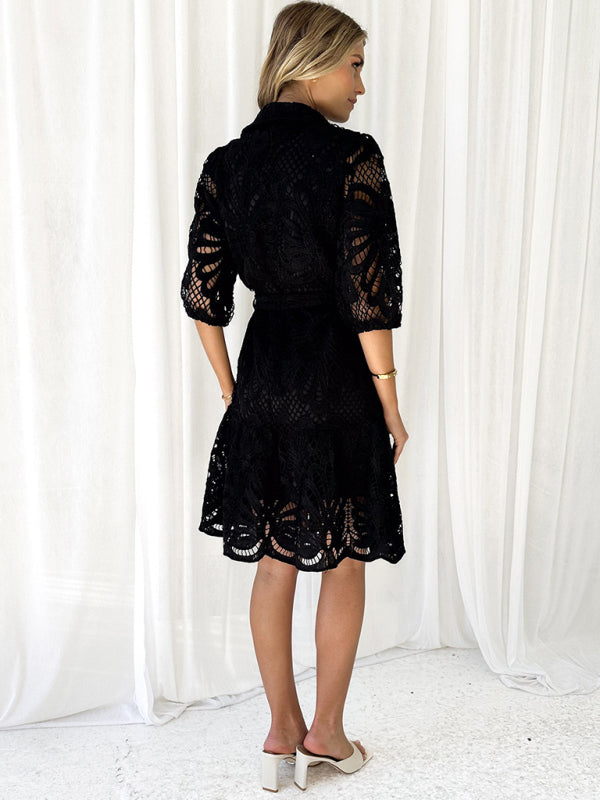 Lace Floral Button-Up Midi Shirt Dress – Mid Sleeve, All-Season Elegance