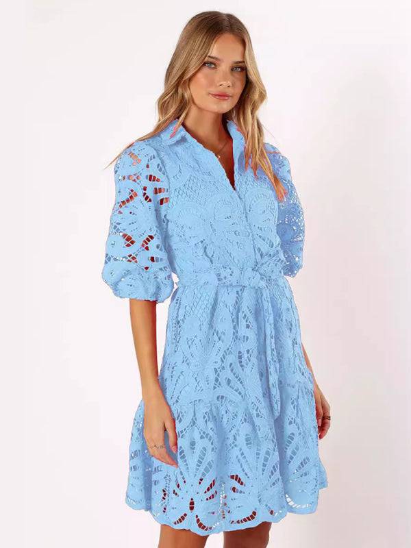 Lace Floral Button-Up Midi Shirt Dress – Mid Sleeve, All-Season Elegance