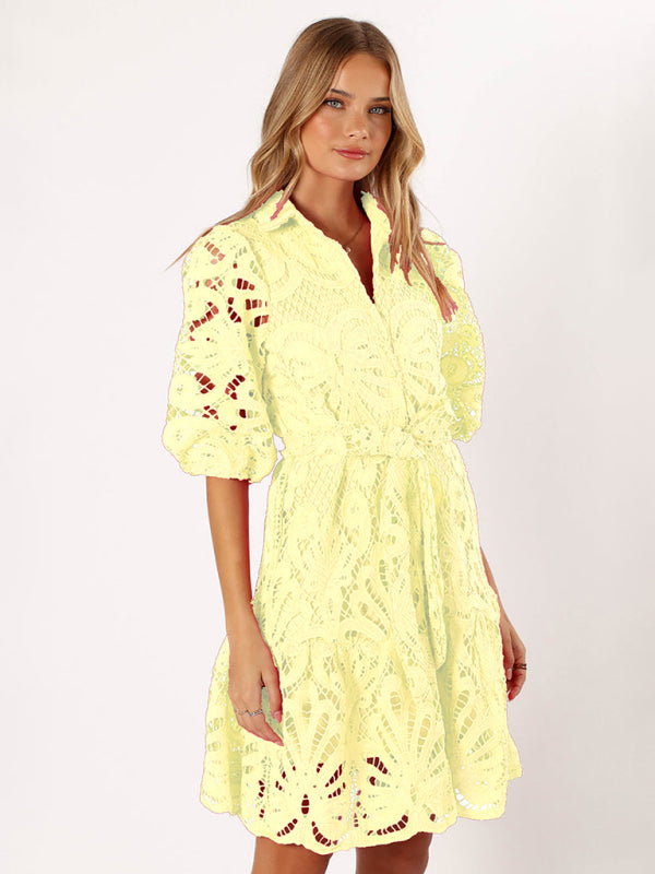 Lace Floral Button-Up Midi Shirt Dress – Mid Sleeve, All-Season Elegance