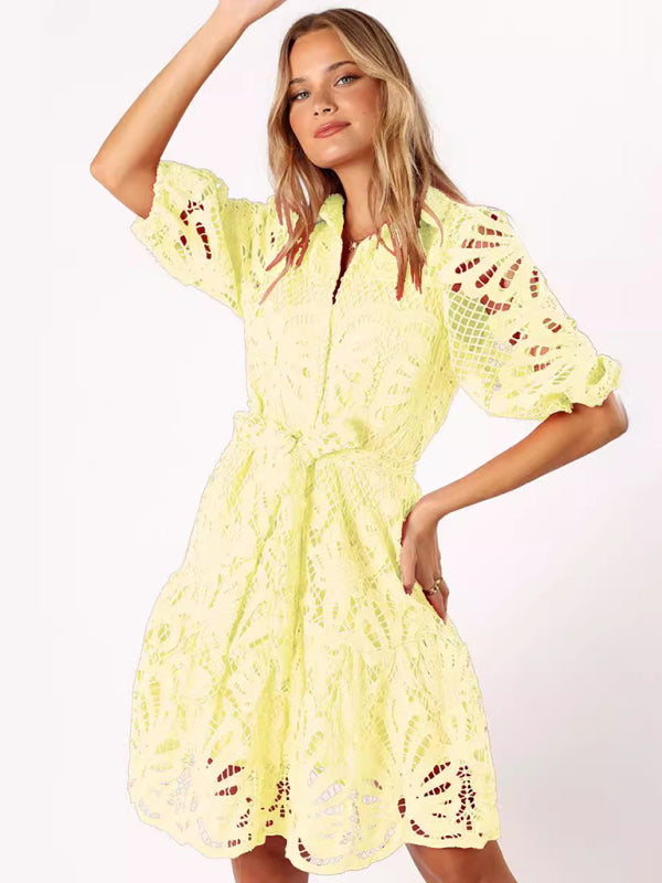 Lace Floral Button-Up Midi Shirt Dress – Mid Sleeve, All-Season Elegance