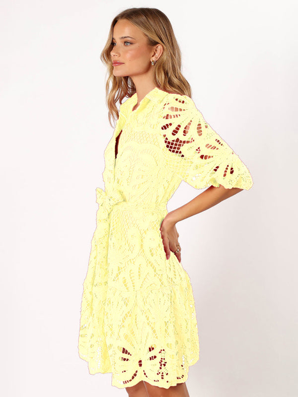Lace Floral Button-Up Midi Shirt Dress – Mid Sleeve, All-Season Elegance