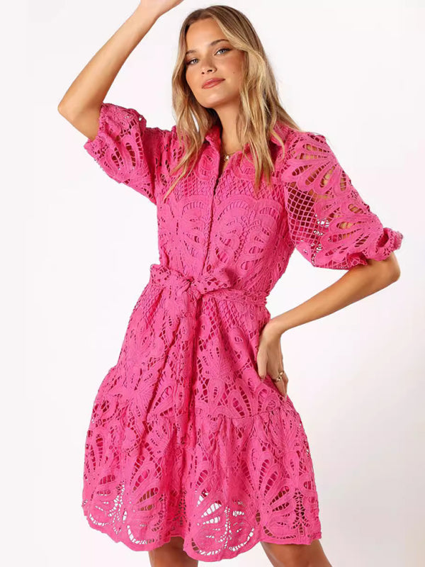 Lace Floral Button-Up Midi Shirt Dress – Mid Sleeve, All-Season Elegance