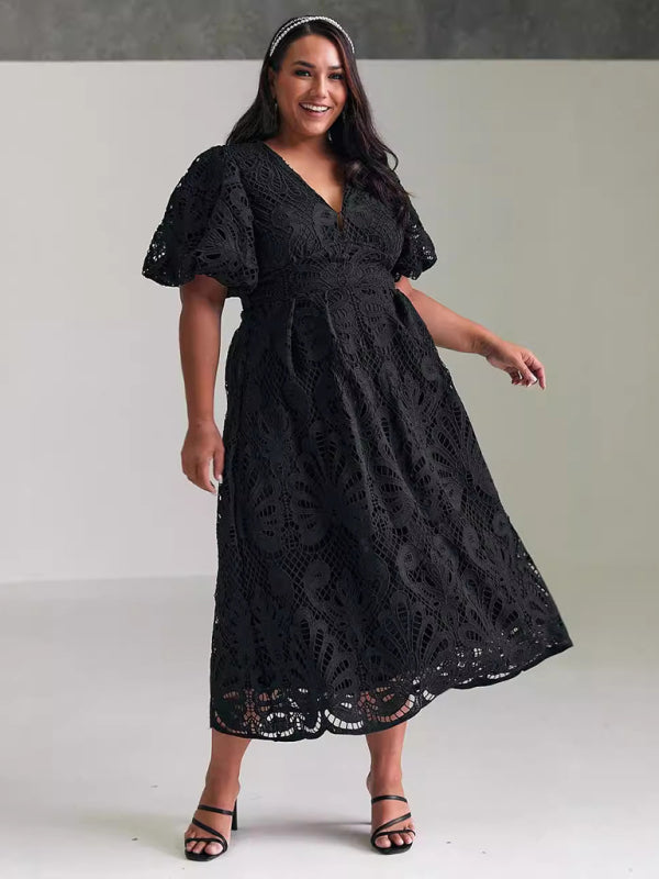 V-Neck Embroidered Slim Fit Midi Dress – Hollow Waist & Woven Detailing