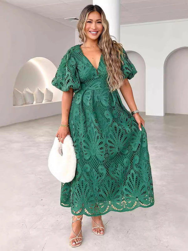V-Neck Embroidered Slim Fit Midi Dress – Hollow Waist & Woven Detailing