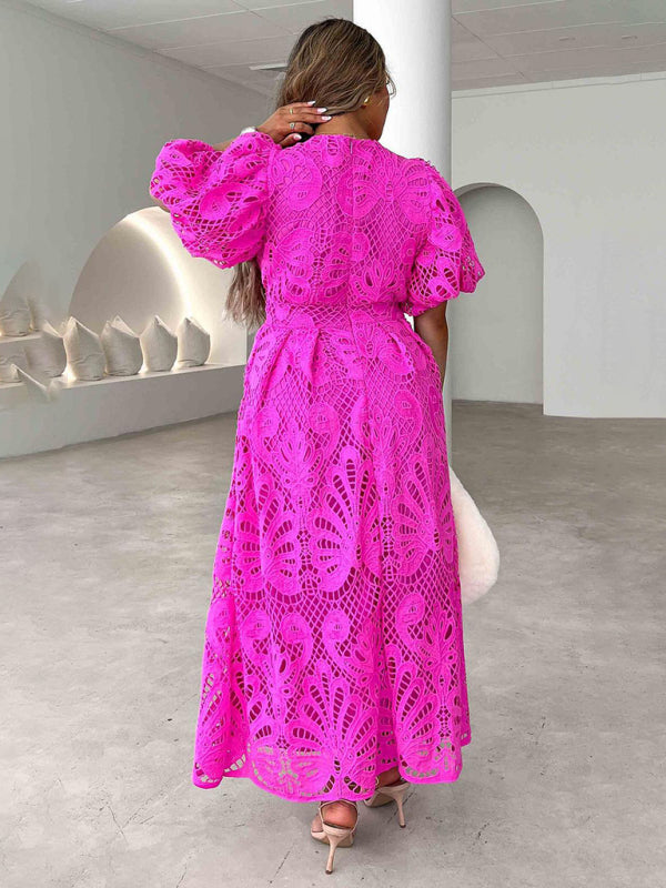 V-Neck Embroidered Slim Fit Midi Dress – Hollow Waist & Woven Detailing