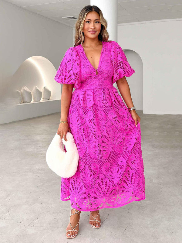 V-Neck Embroidered Slim Fit Midi Dress – Hollow Waist & Woven Detailing