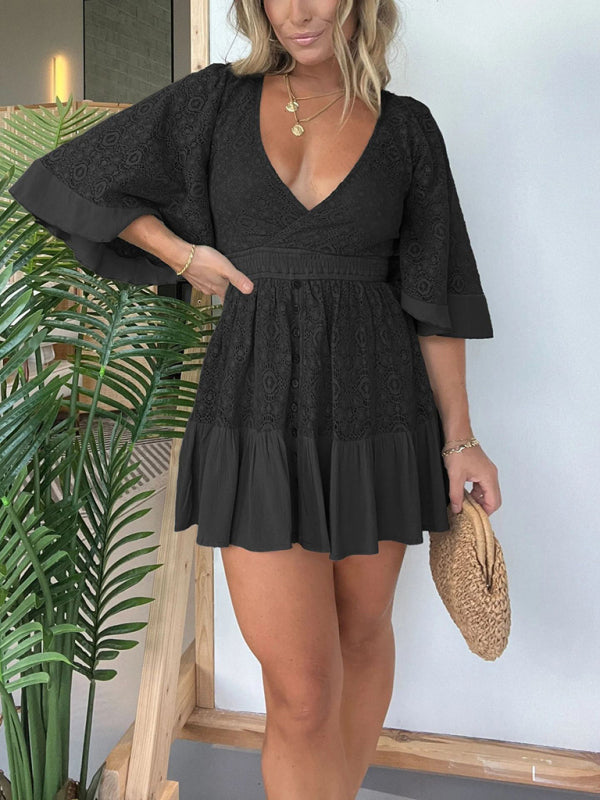 Lace Patchwork Bat Sleeve Midi Dress - Deep V Neck, Elegant Daily Style