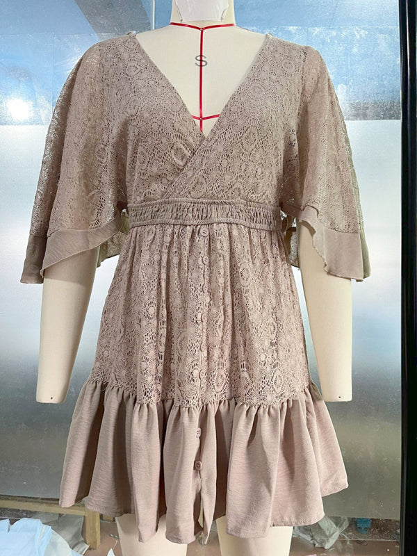 Lace Patchwork Bat Sleeve Midi Dress - Deep V Neck, Elegant Daily Style