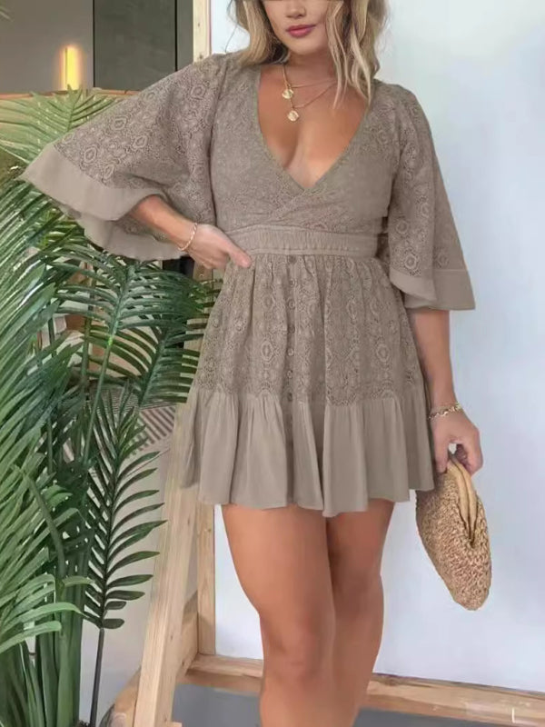 Lace Patchwork Bat Sleeve Midi Dress - Deep V Neck, Elegant Daily Style
