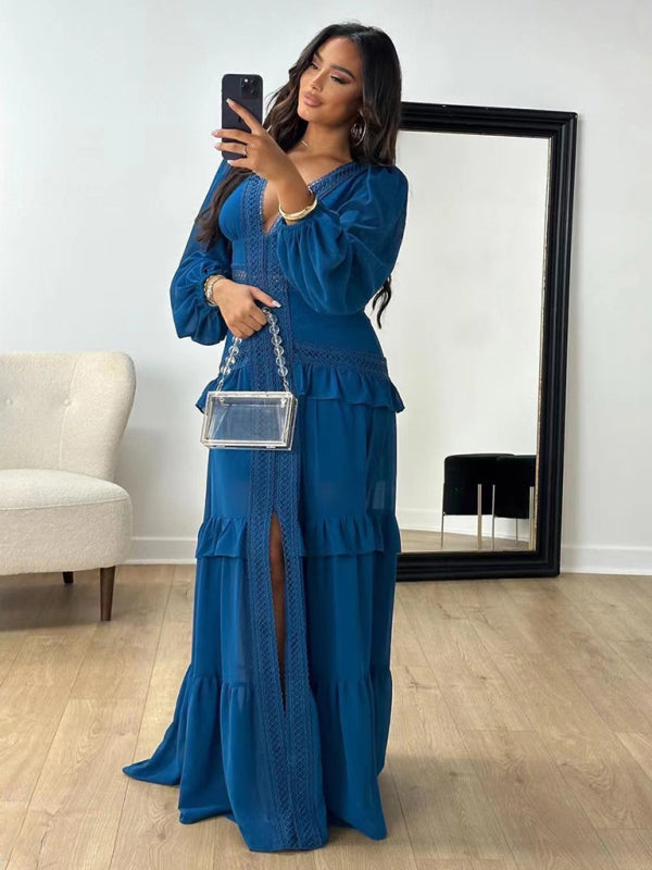 Elegant Patchwork V-Neck Midi Dress – Long Sleeve Autumn-Winter Look