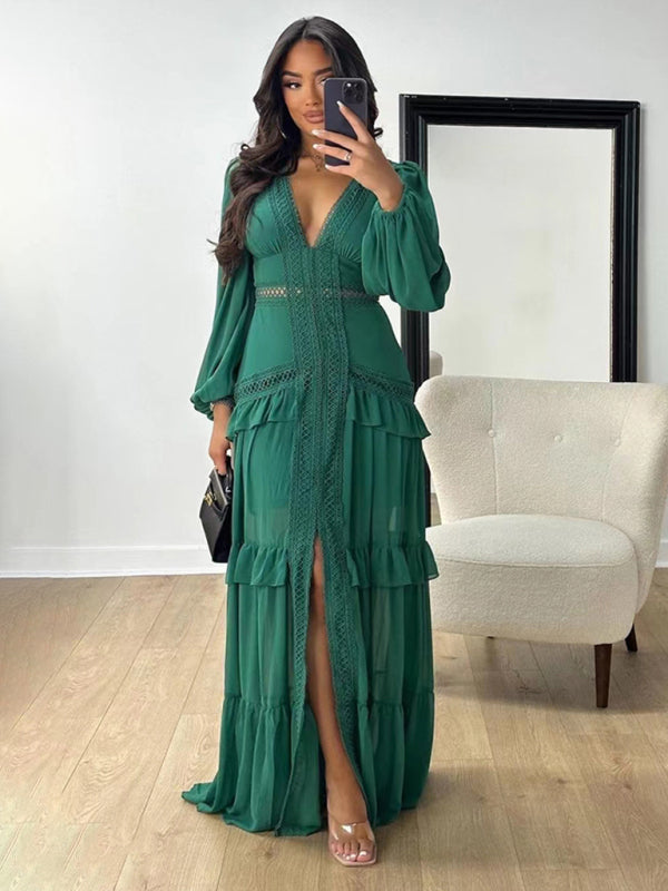Elegant Patchwork V-Neck Midi Dress – Long Sleeve Autumn-Winter Look