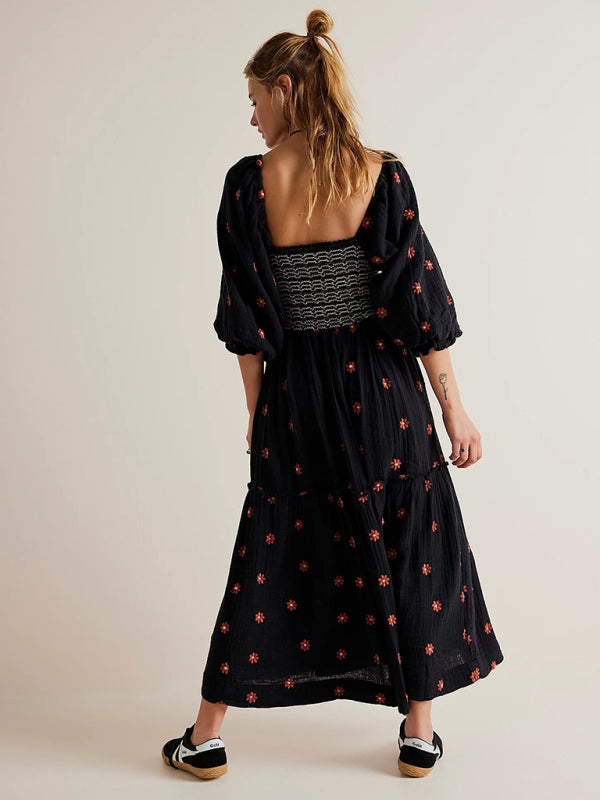 Black Midi Dress with Square Neck & Sunflower Embroidery – Woven, Relaxed Fit