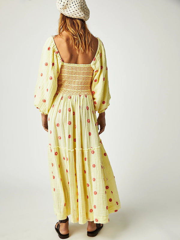 Embroidered Sunflower Midi Dress – Light Yellow Square-Neck Casual Fit