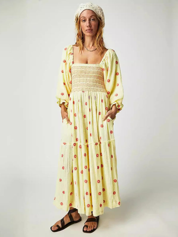 Embroidered Sunflower Midi Dress – Light Yellow Square-Neck Casual Fit