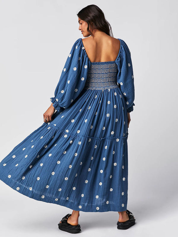 Embroidered Square Neck Midi Dress – Sunflower Woven Style in Purplish Blue Navy