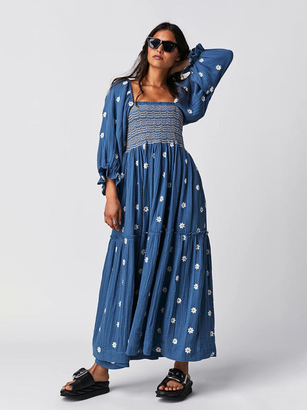 Embroidered Square Neck Midi Dress – Sunflower Woven Style in Purplish Blue Navy