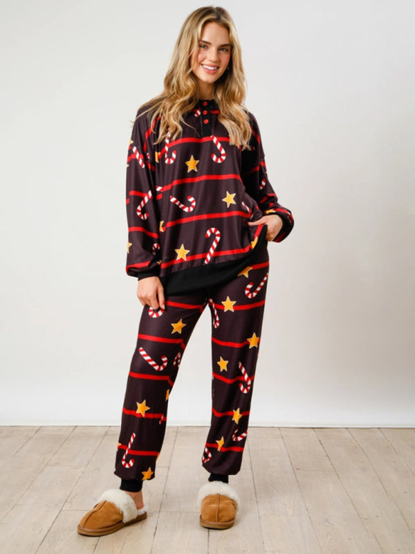 Christmas Print Buttoned Lounge Set – Long Sleeve Top & Knit Pants