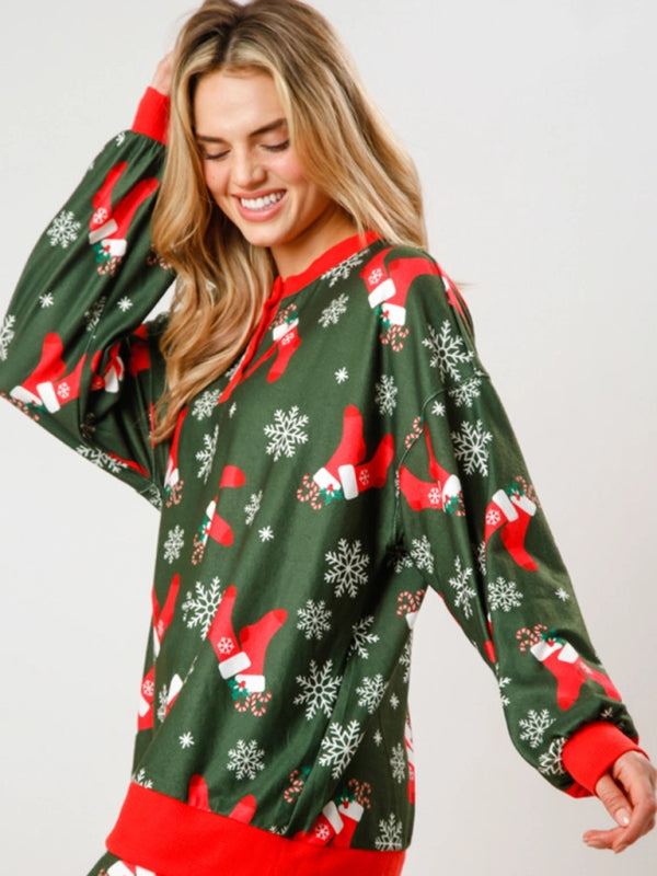 Christmas Print Buttoned Lounge Set – Long Sleeve Top & Knit Pants