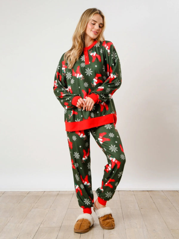 Christmas Print Buttoned Lounge Set – Long Sleeve Top & Knit Pants